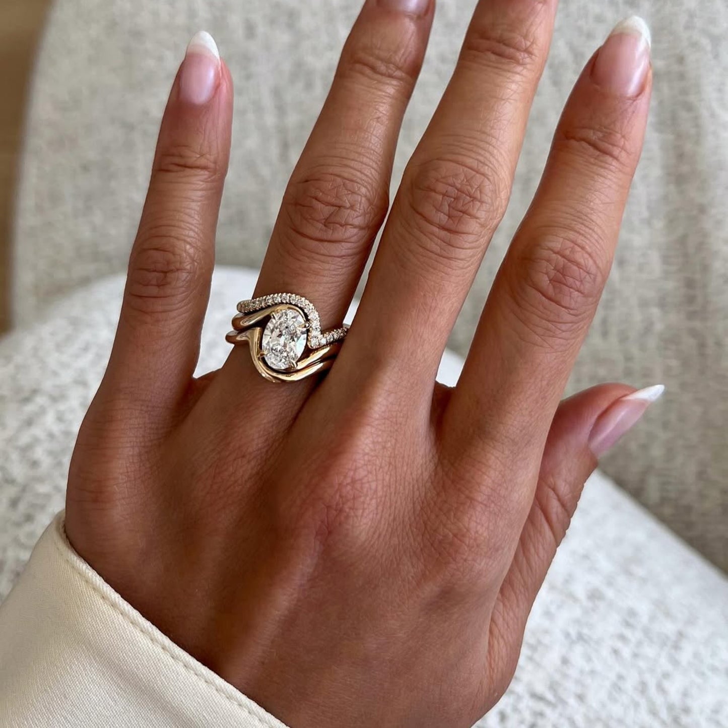 oval cut moissanite engagement ring set trio band wedding bridal set