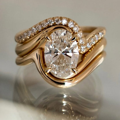 Oval Cut Moissanite Engagement Ring Set Trio Band Wedding Bridal Set