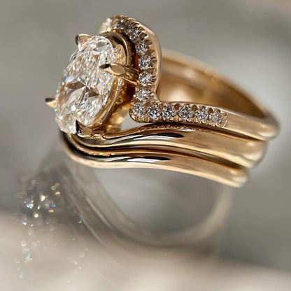 Oval Cut Moissanite Engagement Ring Set Trio Band Wedding Bridal Set