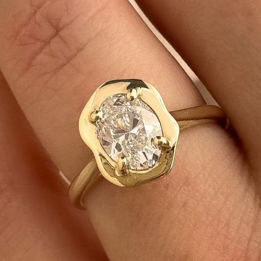 Oval Cut Bezel Set Moissanite Engagement Ring Solitaire Unique Wedding Ring Total  Diamond