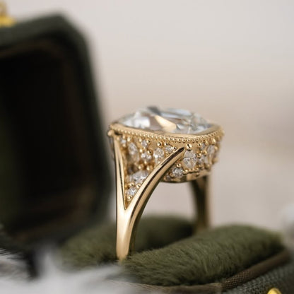 Old Mine Elongated Cushion Moissanite Engagement Ring Bezel Set Vintage Inspired Ring