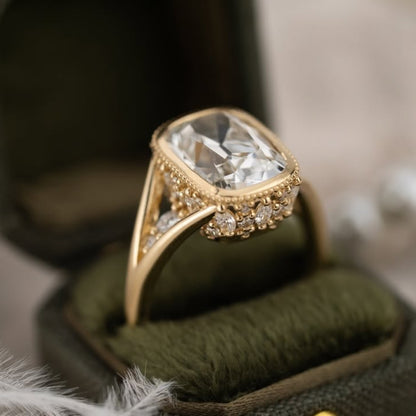 Old Mine Elongated Cushion Moissanite Engagement Ring Bezel Set Vintage Inspired Ring