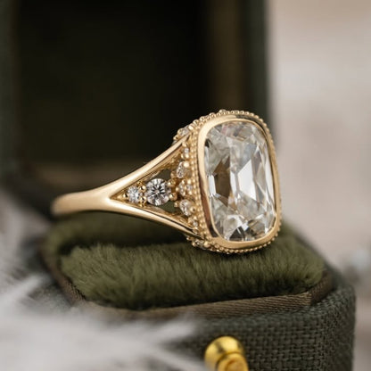 Old Mine Elongated Cushion Moissanite Engagement Ring Bezel Set Vintage Inspired Ring