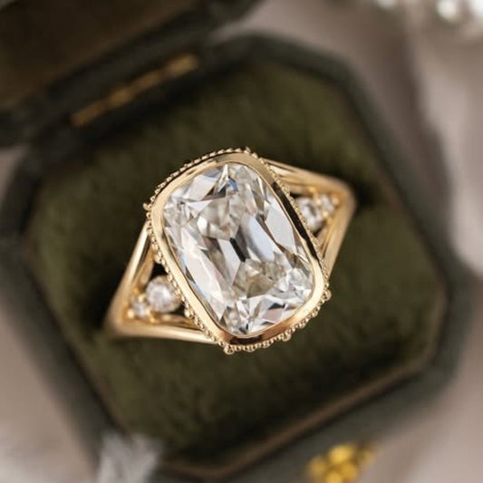 Old Mine Elongated Cushion Moissanite Engagement Ring Bezel Set Vintage Inspired Ring