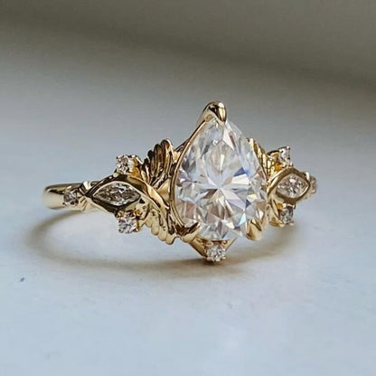 Pear Cut Lab Grown Engagement Ring Art Deco Gold Wedding Ring