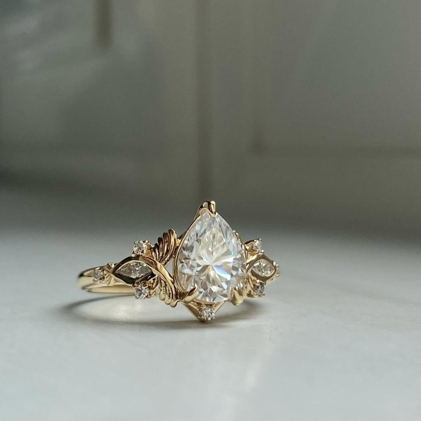 pear cut lab grown engagement ring art deco gold wedding ring