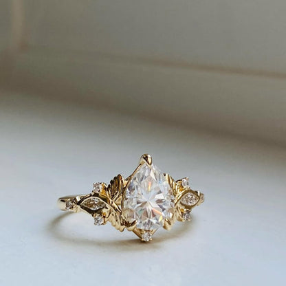 Pear Cut Lab Grown Engagement Ring Art Deco Gold Wedding Ring