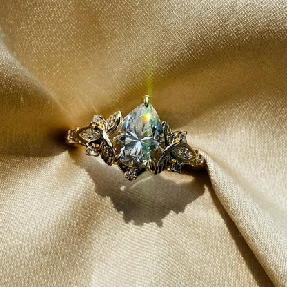 Pear Cut Lab Grown Engagement Ring Art Deco Gold Wedding Ring