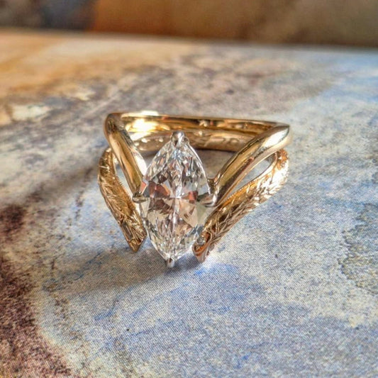 Marquise Moissanite Engagement Ring Set Gold Wedding Bridal Set