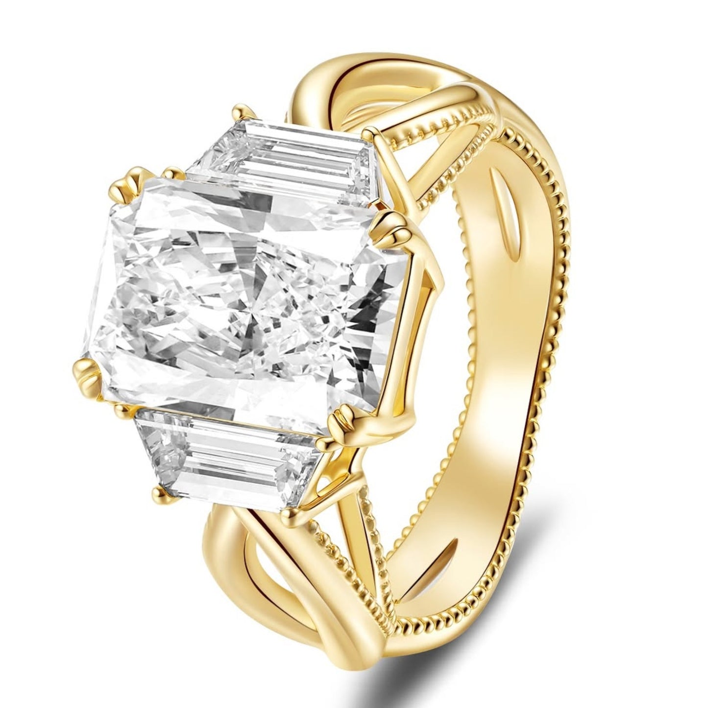 radiant moissanite engagement ring three stone gold wedding ring
