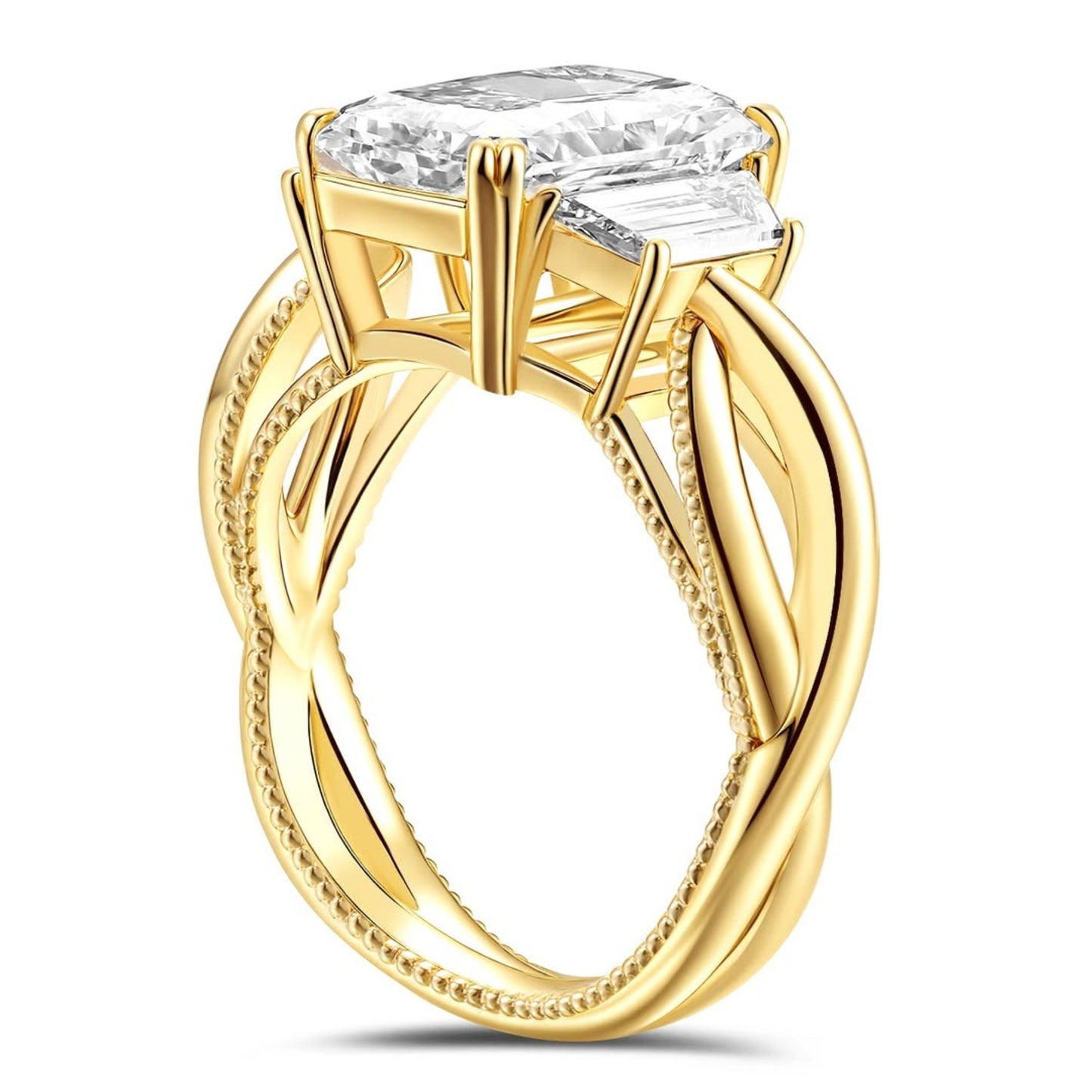 radiant moissanite engagement ring three stone gold wedding ring