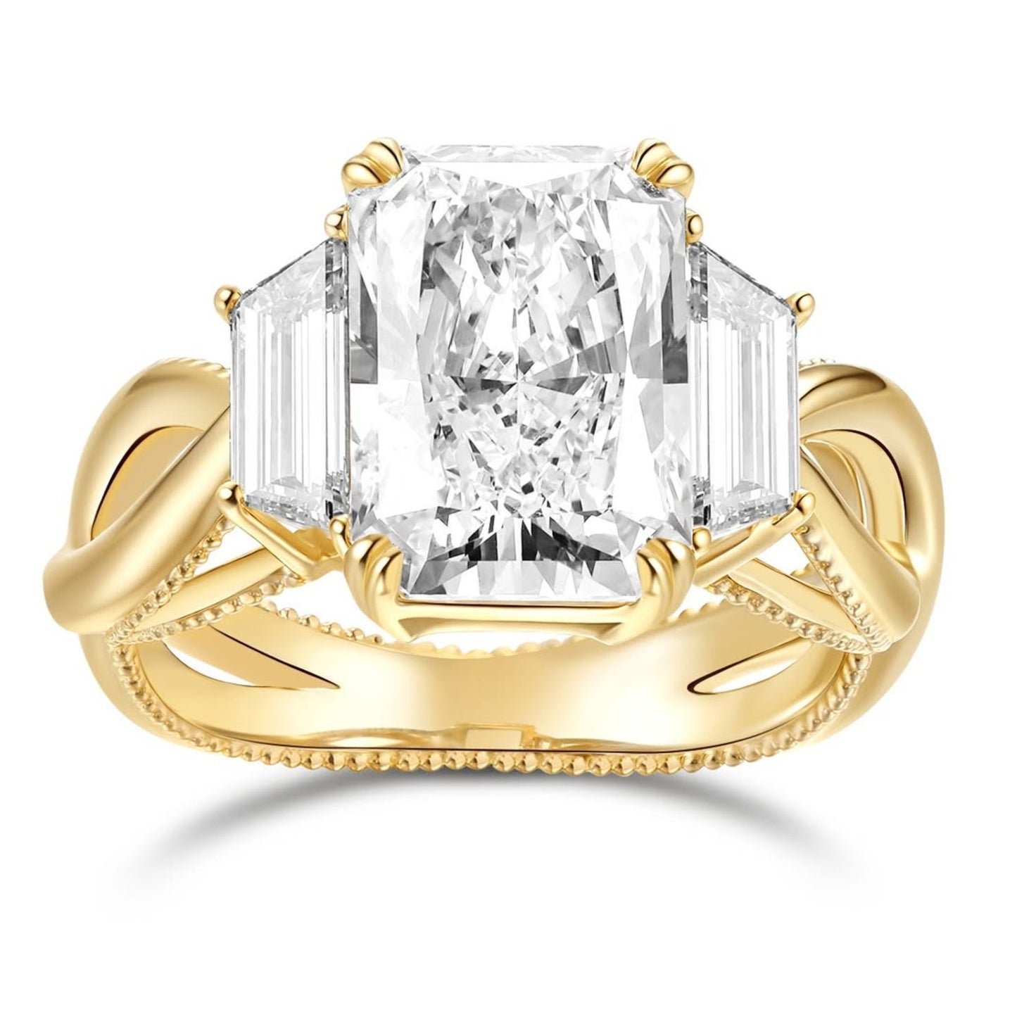 radiant moissanite engagement ring three stone gold wedding ring