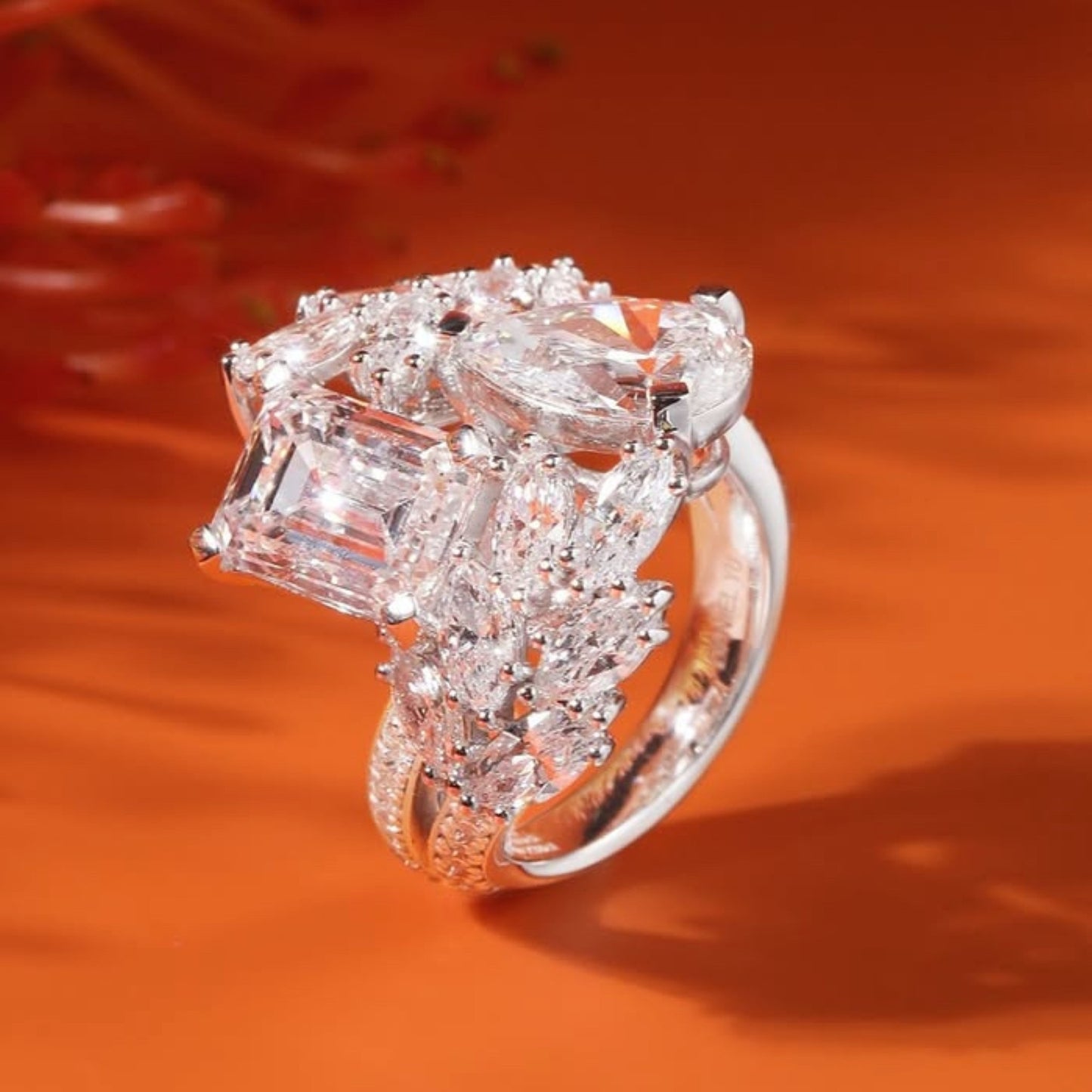 4.00 tcw pear and emerald moissanite engagement ring bridal unique white gold wedding ring