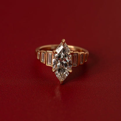 Marquise Moissanite Engagement Ring Bezel Set Baguette Gold Wedding Ring