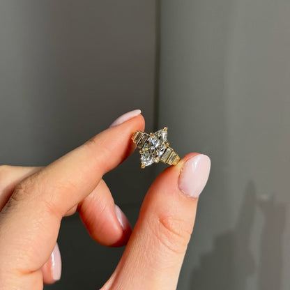 Marquise Moissanite Engagement Ring Bezel Set Baguette Gold Wedding Ring