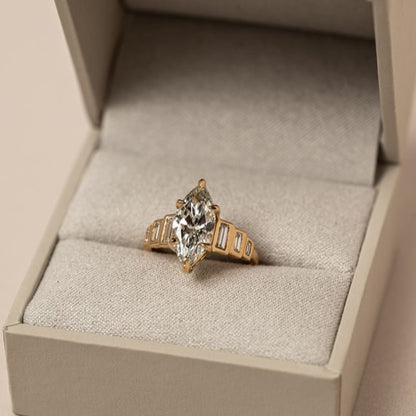 Marquise Moissanite Engagement Ring Bezel Set Baguette Gold Wedding Ring