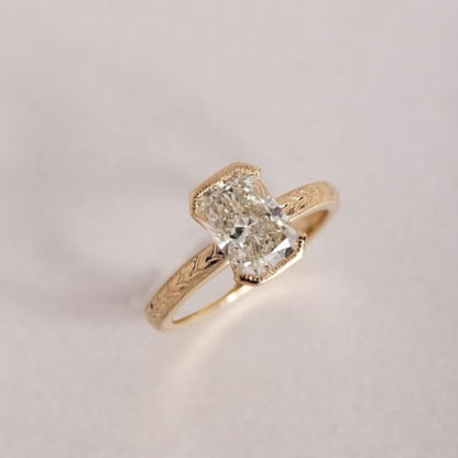 Radiant Half Bezel Set Lab Grown Engagement Ring Vintage Inspired Gold Wedding Ring