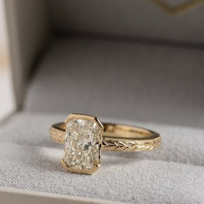 Radiant Half Bezel Set Lab Grown Engagement Ring Vintage Inspired Gold Wedding Ring