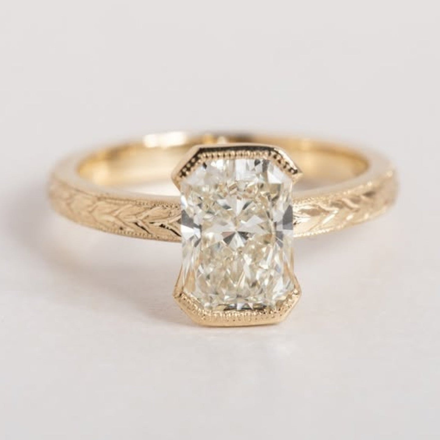 radiant half bezel set lab grown engagement ring vintage inspired gold wedding ring