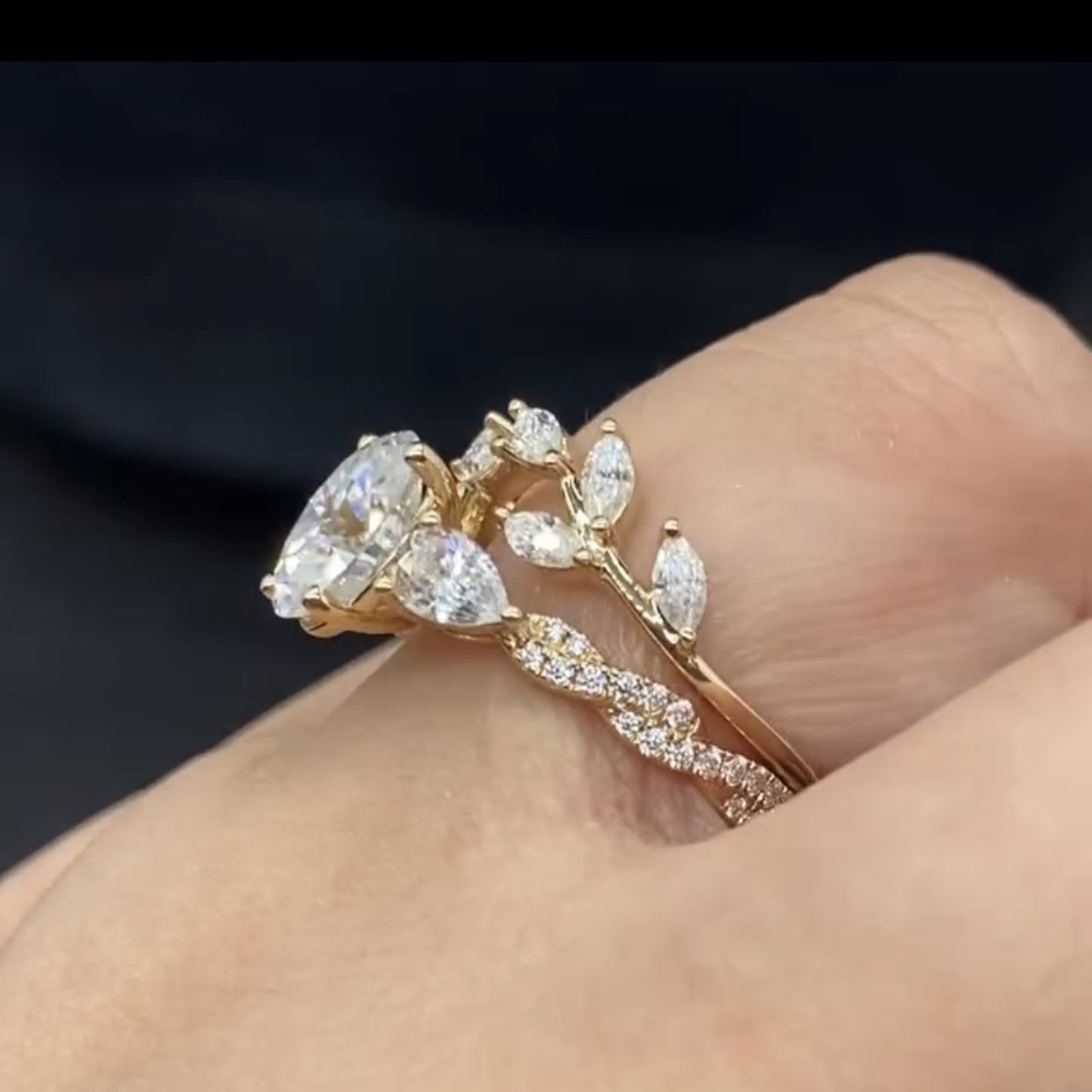 oval cut floral moissanite engagement ring set twisted band gold wedding bridal set