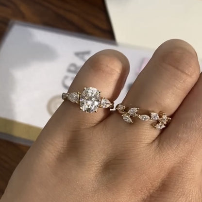 Oval Cut Floral Moissanite Engagement Ring Set Twisted Band Gold Wedding Bridal Set