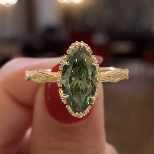 Green Marquise Moissanite Engagement Ring Vintage Tulip Set Wedding Ring