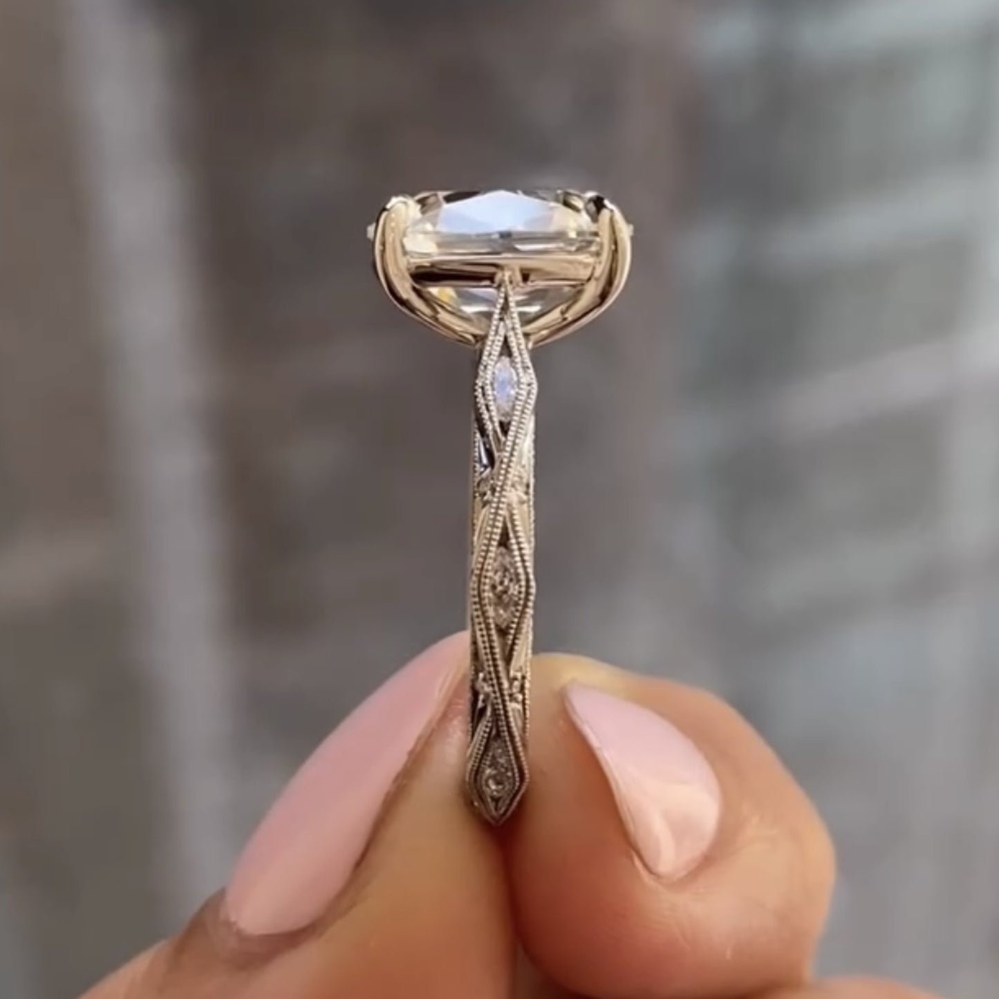 old mine elongated cushion lab grown engagement ring