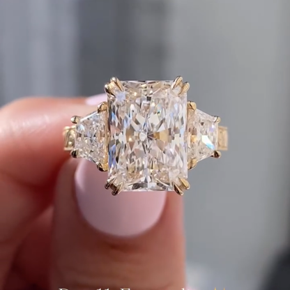 Radiant Moissanite Engagement Ring Three Stone Vintage Inspired Gold Wedding Ring