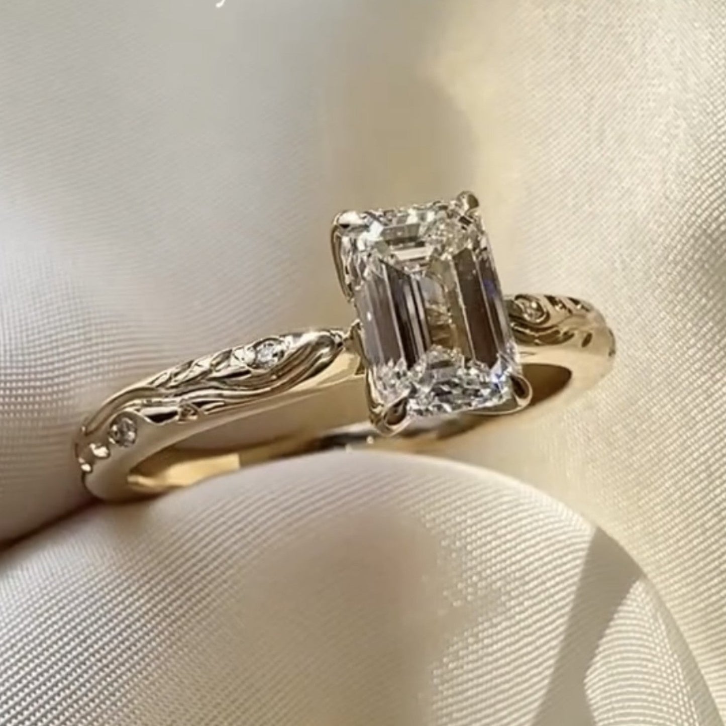 emerald cut moissanite engagement ring gold solitaire engraved ring