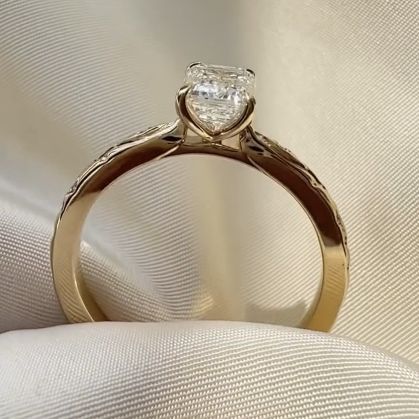 emerald cut moissanite engagement ring gold solitaire engraved ring