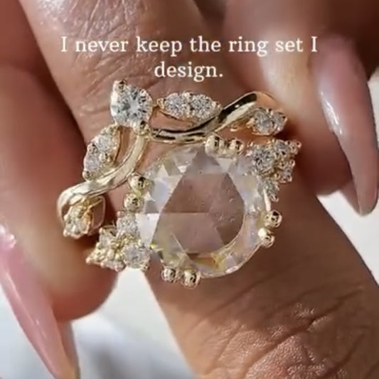 Rose Cut Lab Grown Engagement Ring Set Gold Bridal Wedding Ring Set