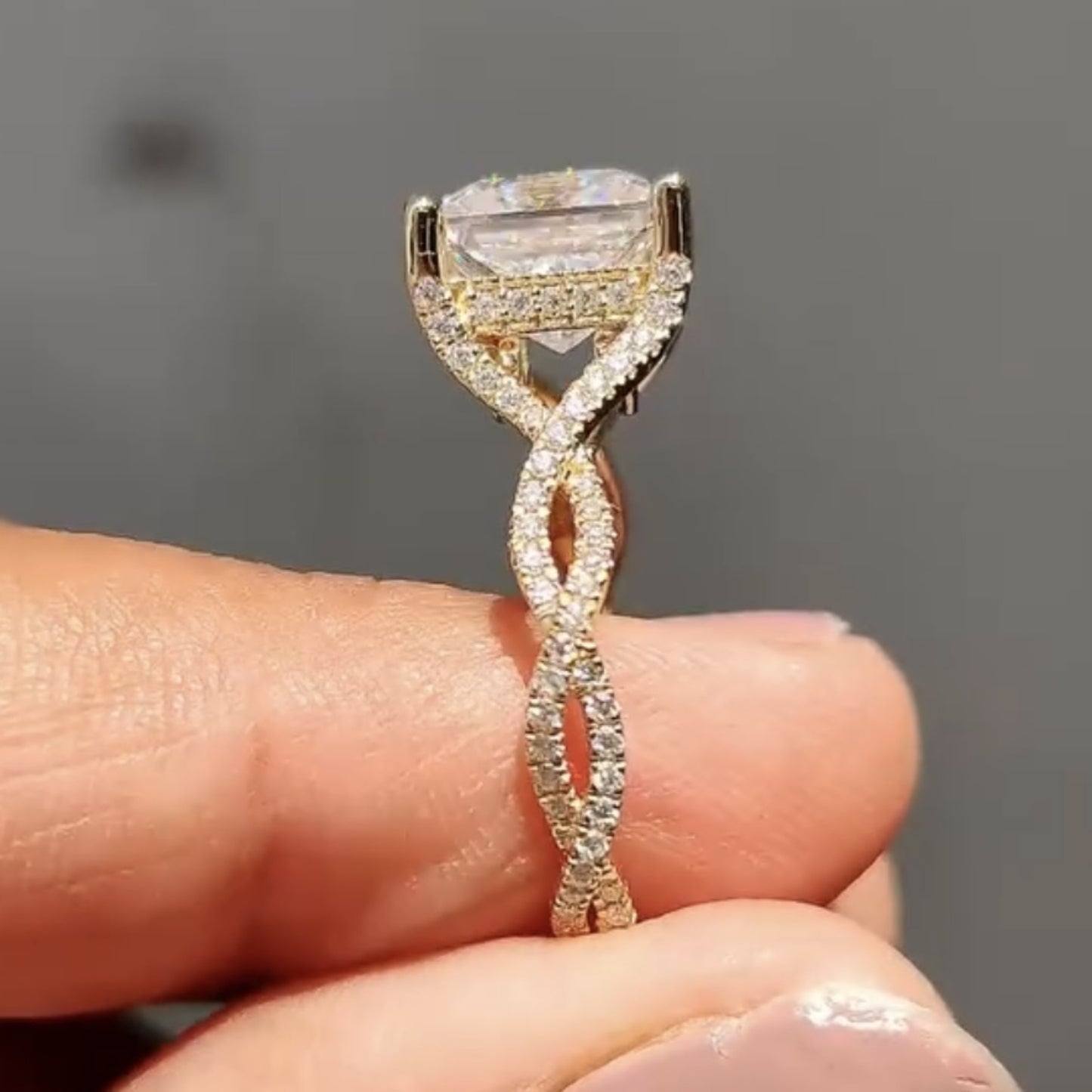 princess cut lab grown engagement ring twisted band gold wedding ring