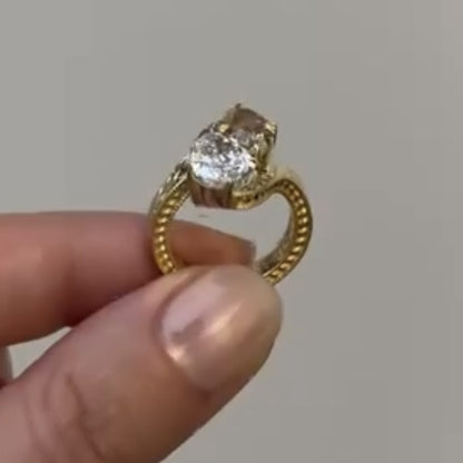 3.50 TCW Pear And Brown Oval Toi Et Moi Moissanite Engagement Ring Engraved Band Gold Ring