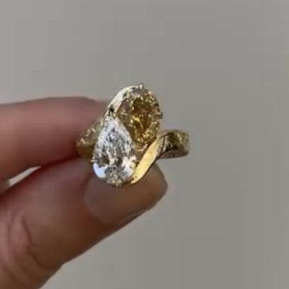 3.50 TCW Pear And Brown Oval Toi Et Moi Moissanite Engagement Ring Engraved Band Gold Ring