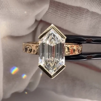 Hexagon Cut Half Bezel Set Lab Grown Engagement Ring Gold Engraved Band Wedding Ring