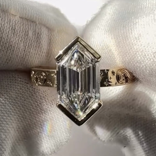 Hexagon Cut Half Bezel Set Moissanite Engagement Ring Gold Engraved Band Wedding Ring