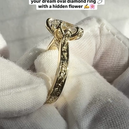 Oval Cut Moissanite Engagement Ring Tulip Set Gold Vintage inspired Ring