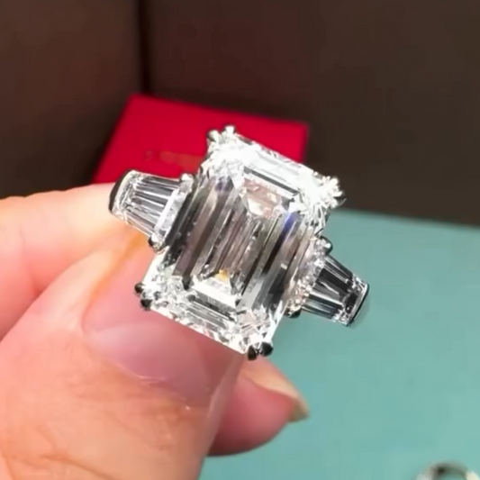 Emerald Cut Lab Grown Engagement Ring Three Stone Gold Wedding Ring