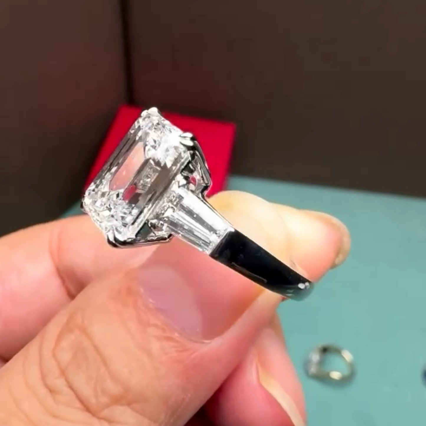 emerald cut moissanite engagement ring three stone gold wedding ring