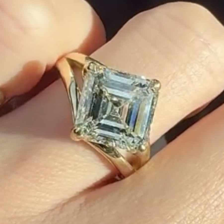asscher cut moissanite engagement ring split shank gold unique ring