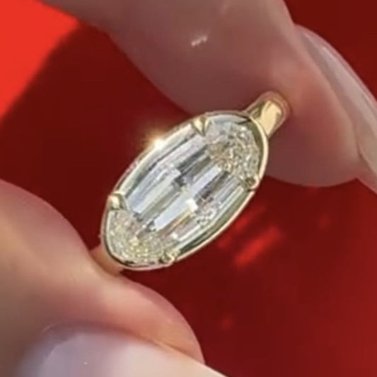 Moval Cut Moissanite Engagement Ring East West Gold Bezel Set Ring