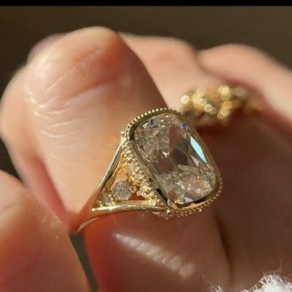 Old Mine Elongated Cushion Moissanite Engagement Ring Bezel Set Vintage Inspired Ring