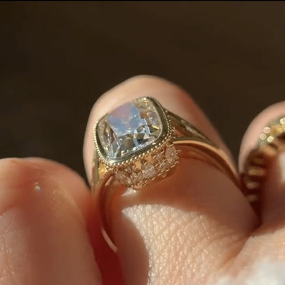 Old Mine Elongated Cushion Moissanite Engagement Ring Bezel Set Vintage Inspired Ring