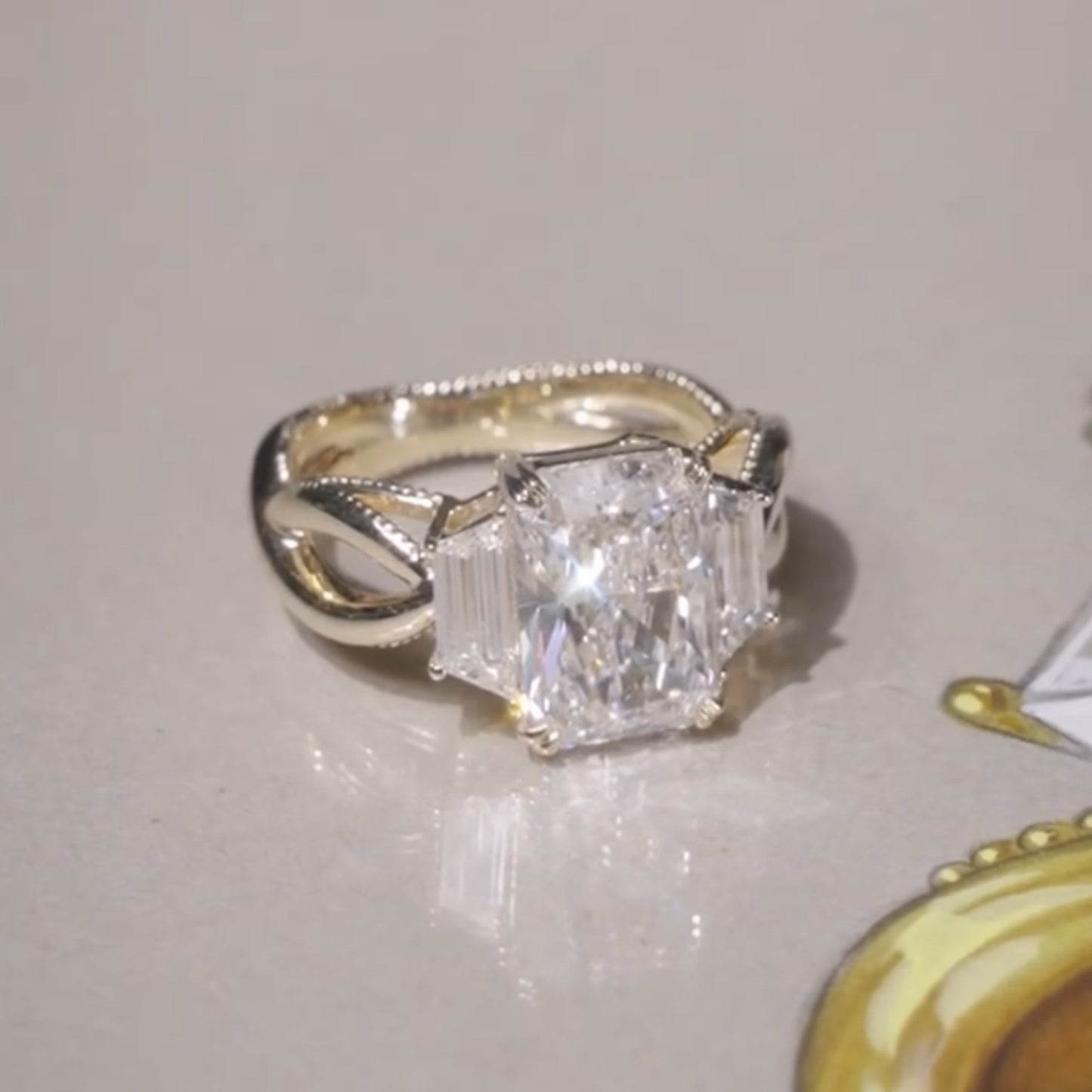 radiant moissanite engagement ring three stone gold wedding ring