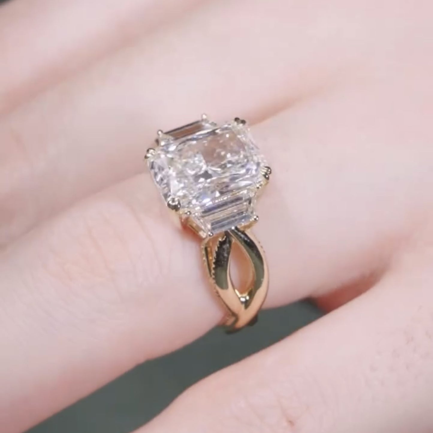 radiant moissanite engagement ring three stone gold wedding ring