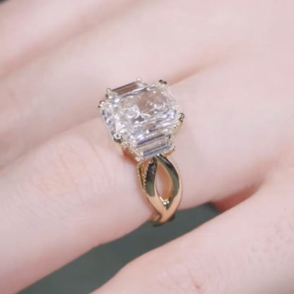 Radiant Moissanite Engagement Ring Three Stone Gold Wedding Ring