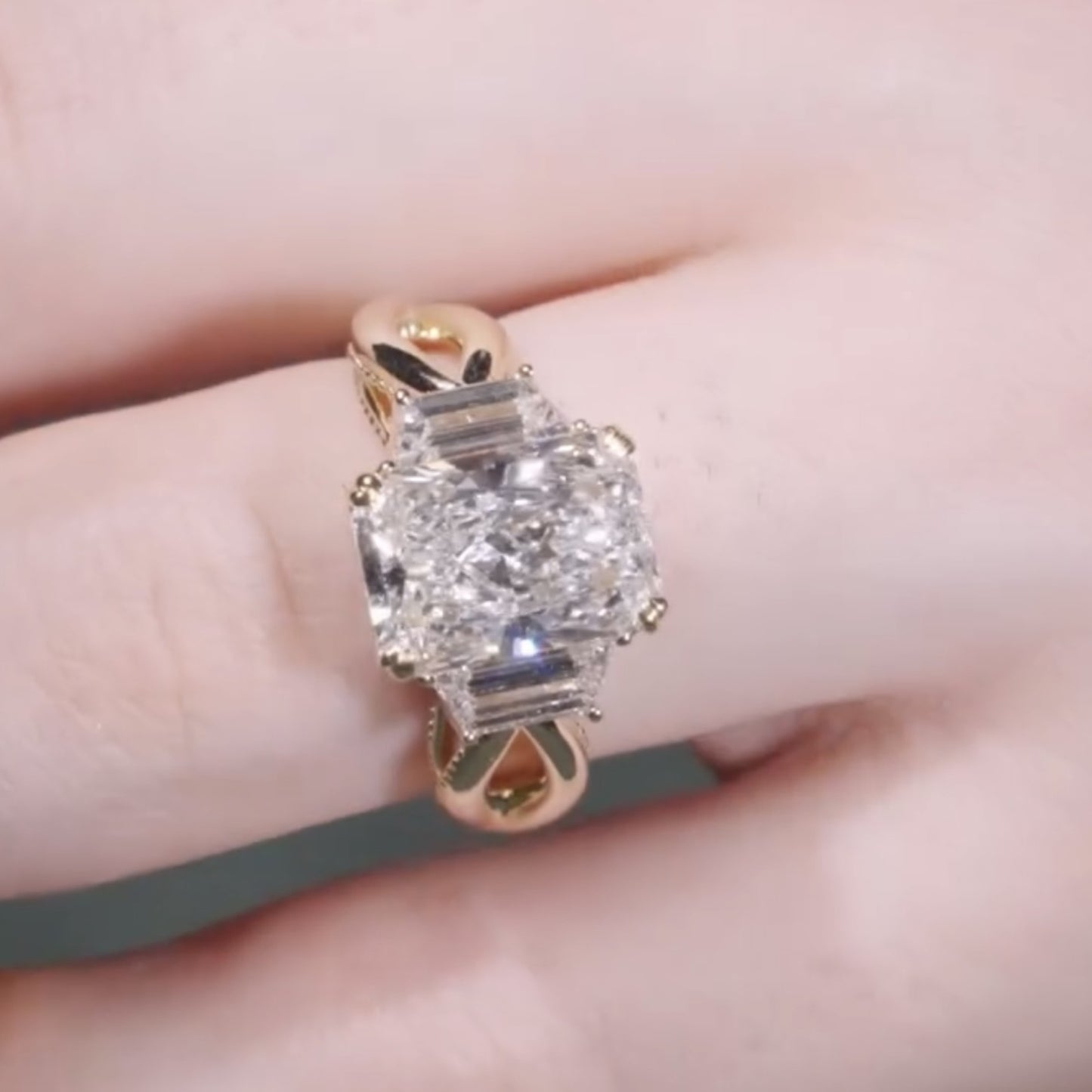 radiant moissanite engagement ring three stone gold wedding ring
