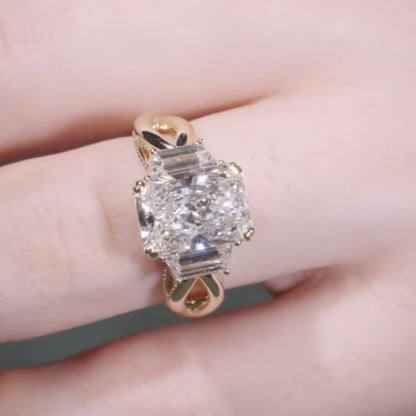 Radiant Moissanite Engagement Ring Three Stone Gold Wedding Ring