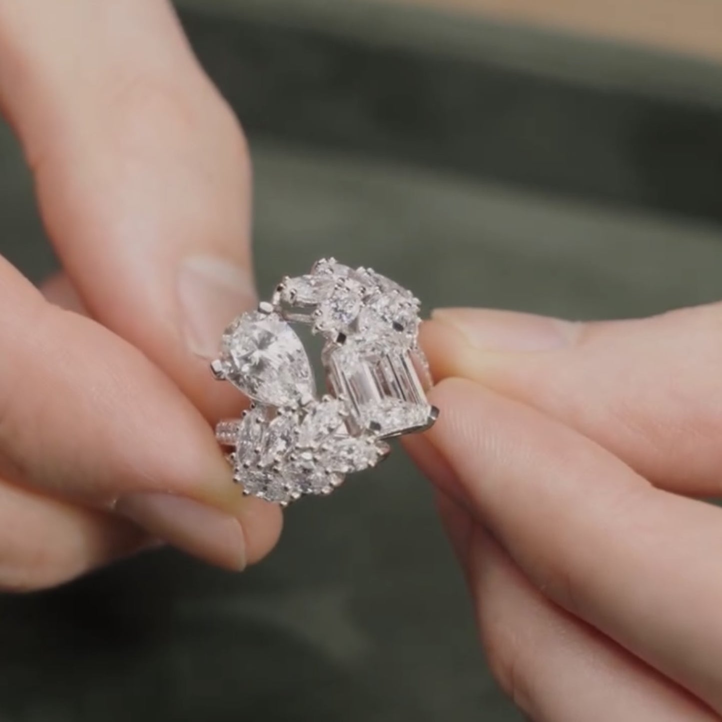 4.00 tcw pear and emerald moissanite engagement ring bridal unique white gold wedding ring