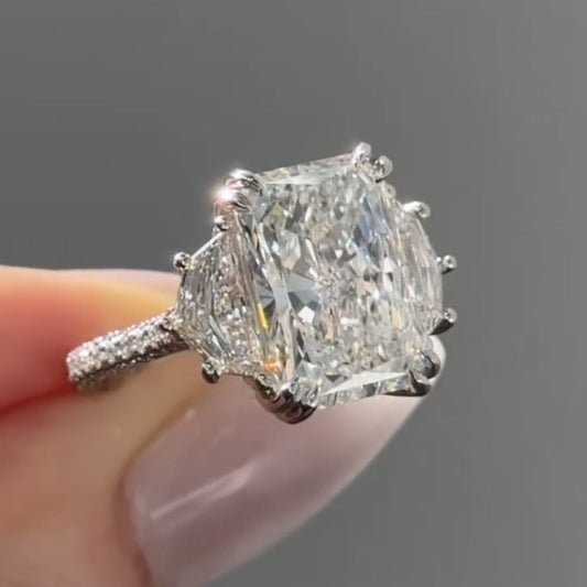 Radiant Three Stone Lab Grown Engagement Ring Past Preset Future Wedding Ring